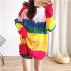 Rainbow-stripe Embroidered Knit Cardigan As Shown In Figure - One Size