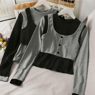 Set: Button-down Crop Vest + Colorblock Crop T-shirt