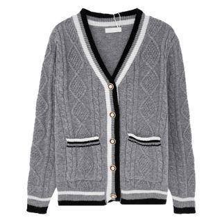 Long-sleeve V-neck Cable Knit Cardigan Gray - One Size