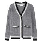 Long-sleeve V-neck Cable Knit Cardigan Gray - One Size