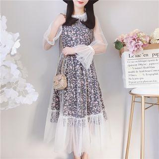 Long-sleeve Floral Print Sheer Panel A-line Midi Dress