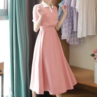 Contrast-collar Flared Long Polo Dress
