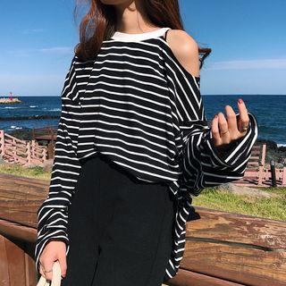 Striped Long-sleeve Cut Out T-shirt As Shown In Figure - One Size