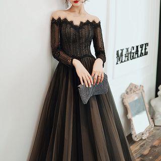 Long-sleeve Off-shoulder Mesh A-line Gown