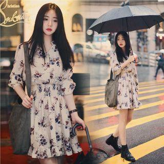 Flower Print Long-sleeve Mini A-line Dress