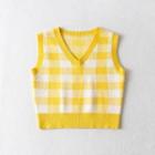 V-neck Plaid Cropped Sweater Vest Yellow & White - One Size