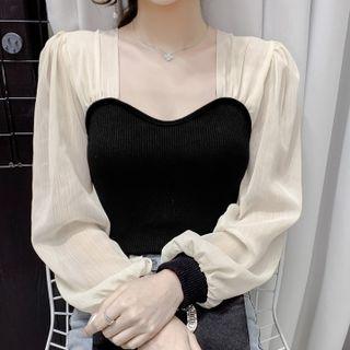 Puff-sleeve Square Neck Chiffon Panel Knit Top