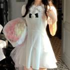 Puff-sleeve Blouse / Strapless Bow Pleated Mini A-line Dress