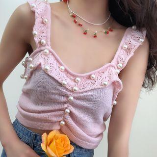 Plain Ruffled-trim Faux-pearl Knit Tank Top