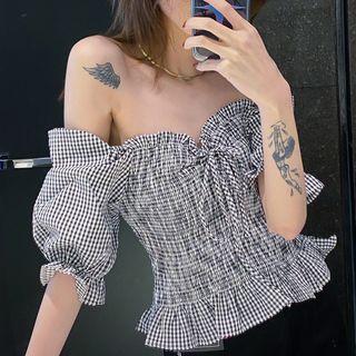 Elbow-sleeve Gingham Off-shoulder Blouse