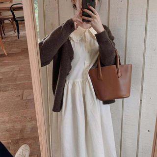 Long-sleeve Midi A-line Dress Dress - White - One Size