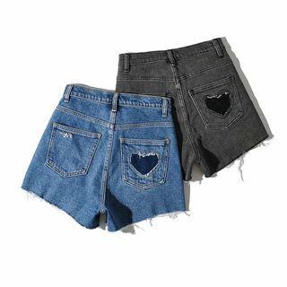 High Waist Heart Distressed Denim Shorts