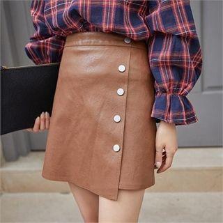 Button-side Faux-leather Miniskirt