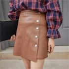 Button-side Faux-leather Miniskirt