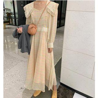Long-sleeve Plaid Midi Chiffon Dress As Shown In Figure - One Size