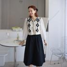 Set: Bishop-sleeve Argyle Cardigan + Full Skirt