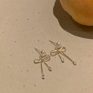 Bow Rhinestone Faux Pearl Dangle Earring Stud Earring - 1 Pair - Silver Stud - Gold - One Size