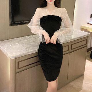 Long-sleeve Dotted Mesh Mini Sheath Dress
