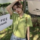 Short-sleeve Collar Cropped T-shirt Avocado Green - One Size