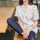 Mandarin-collar Short-sleeve Pattern Shirt