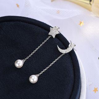 Faux Pearl Moon Star Drop 925 Sterling Silver Earring