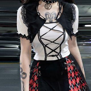 Short Sleeve Lace-trim Lace-up Ribbed-knit Crop Top