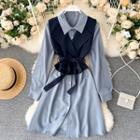 Set Of 2 : Vest Jacket + Long-sleeve Shirt Collar Dress