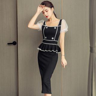 Contrast Trim Puff-sleeve Midi Sheath Dress