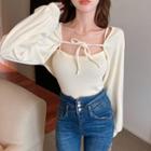 Set : Long-sleeve Lace-up Cropped Top + Camisole Top