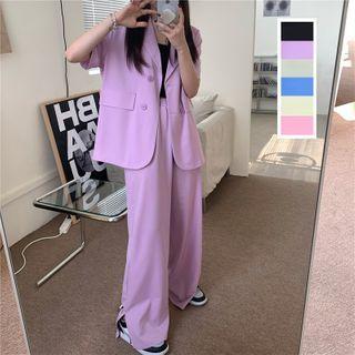 Short-sleeve Plain Blazer/ Plain Loose-fit Pants