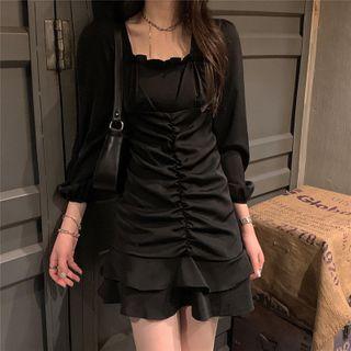 Long-sleeve Plain Square-neck Ruffled Mini Dress Black - One Size