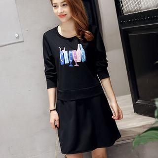 Long-sleeve Print Mock Two Piece Dress