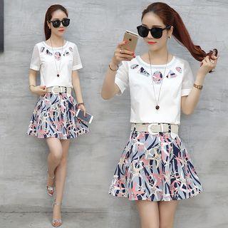 Set: Mesh Sleeve Top + Patterned A-line Skirt