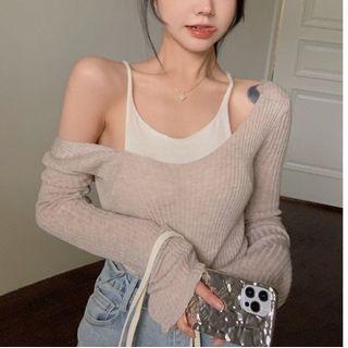 Mock Two-piece Cold-shoulder Sweater Almond - One Size