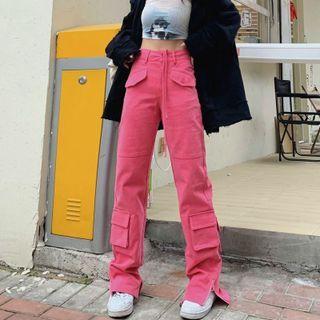 High Waist Zip-up Cargo Straight Leg Pants