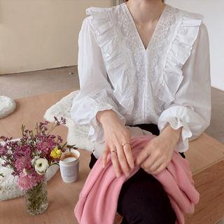V-neck Lace-panel Blouse White - One Size