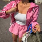 Set: Contrast-trim Cropped Zip Hoodie + Shorts