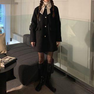 Color-block Collar Woolen Coat Black - One Size