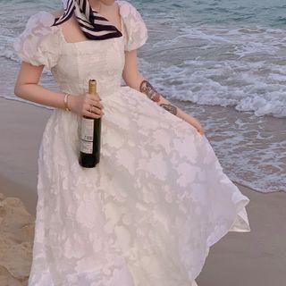 Puff-sleeve Lace Midi A-line Dress / Slipdress