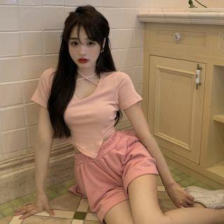 Short-sleeve Asymmetrical Cropped Top + High-waist Plain Shorts