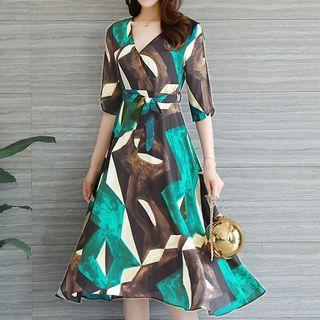 Color Block V-neck Elbow-sleeve A-line Midi Dress