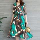 Color Block V-neck Elbow-sleeve A-line Midi Dress
