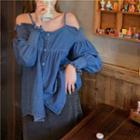Spaghetti-strap Long-sleeve Denim Top As Shown In Figure - One Size