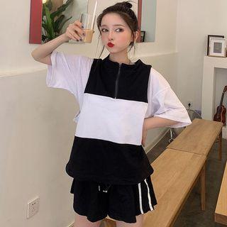 Elbow-sleeve T-shirt / Color Block Zip Placket Vest / Wide-leg Shorts