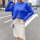 Set: Cable Knit Sweater + H-line Knit Skirt Blue & Almond - One Size