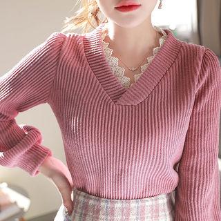 Lace-trim Bishop-sleeve Ribbed Top