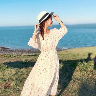 3/4-sleeve Cheery Print A-line Midi Dress