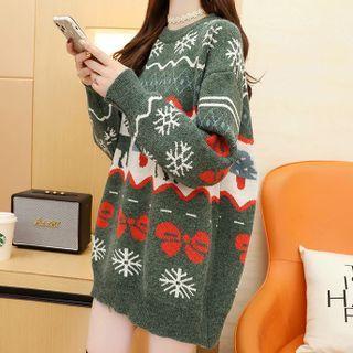 Round Neck Drop Shoulder Christmas Print Oversized Sweater