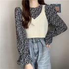 Floral Blouse / Plain Cropped Sweater Vest