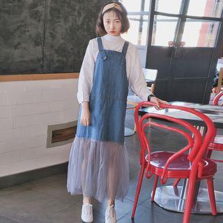 Sheer Panel Denim Maxi Jumper Dress